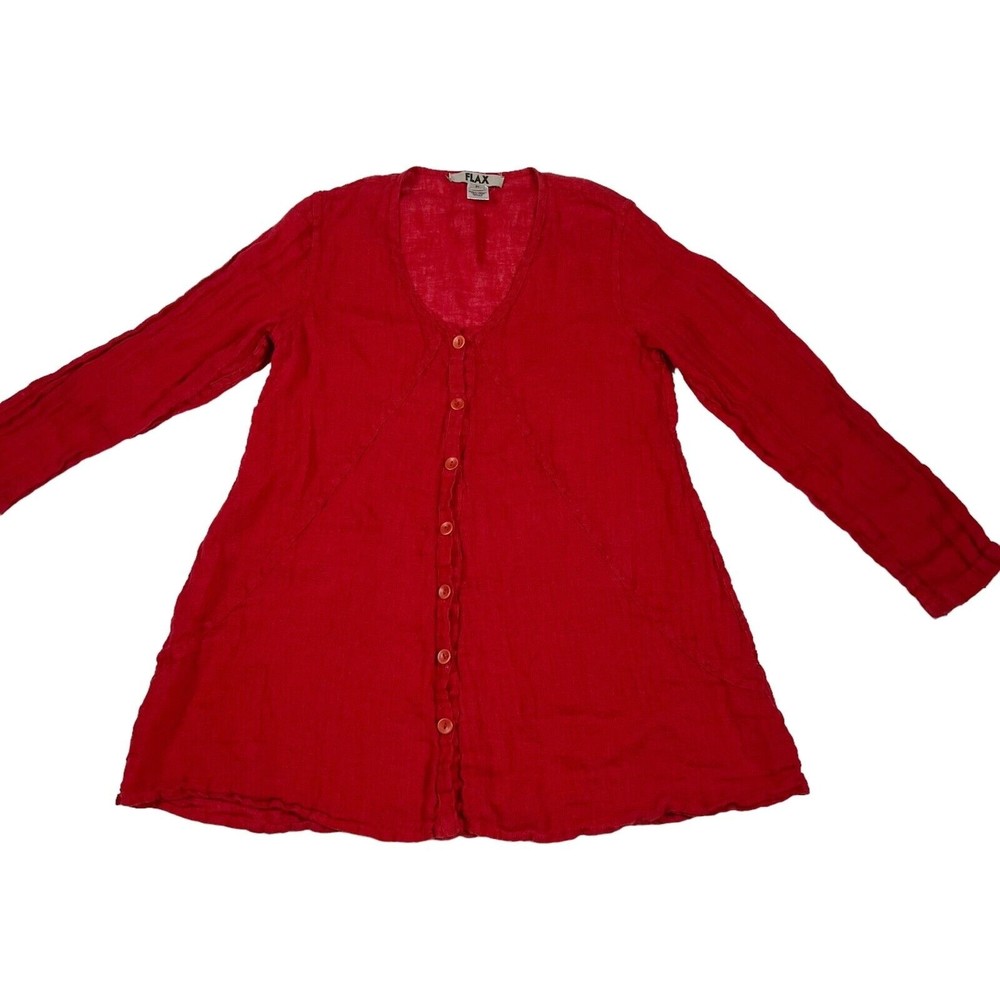 Flax Button Front Tunic Swing Top Red Linen Long … - image 6